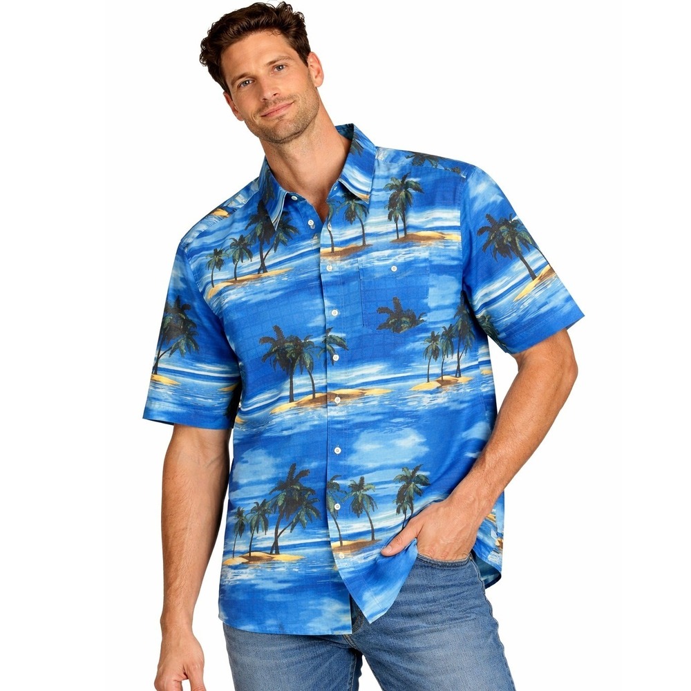Georg Roth Button Down Shirt Men‎ LG Blue Tropical Palm Tree Island Germany L/4